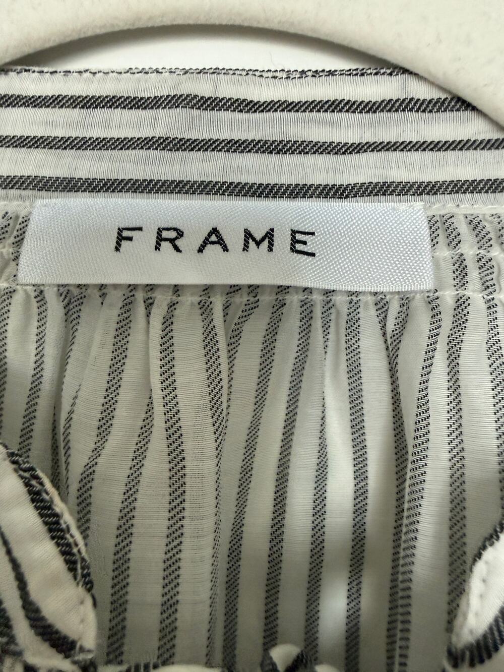 FRAME Sample White Black Striped Balloon Sleeve Tie Neck Peasant Blouse Top